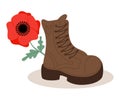 Military veteran boot with red poppy flower. Vector illustration in flat style.