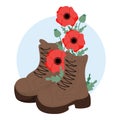 Military veteran boots with bouquet red poppy flowers. Vector illustration .