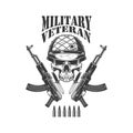 Military veteran. Crossed assault rifles ak-47 with soldier skull in army helmet. Design element for logo, label, sign