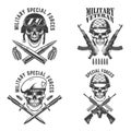 Military veteran. Special forces. Crossed assault rifles with soldier skull in army helmet. Design element for logo