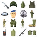 Military weapon icons set, cartoon style