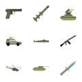 Military weapons icons set, flat style