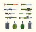 Military weapons. Items for army heavy artillery flying bombs launchers of granade steel bazookas explosive detonators Royalty Free Stock Photo