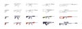 Military weapons silhouettes. Tactical assault rifles, smoothbore guns, AK 47, sniper rifles, anti-tank grenade