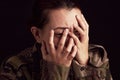 Military woman, mental health and crying in studio for depressed, anxiety and stress in war clothes. Female soldier, sad Royalty Free Stock Photo