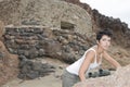 Military woman near a bunker