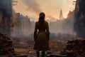 Military woman strong ruined city. Generate Ai