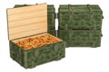 Military wooden ammunition boxes with rifle bullets, 3D rendering