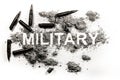 Military word written in dust with bullets around