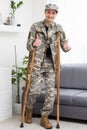 military Wounded Soldier Using Crutch