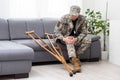 military Wounded Soldier Using Crutch