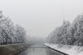 The Miljacka river in Sarajevo during the winter. In winter, Sarajevo has fog and pollution with little snow on the coast Royalty Free Stock Photo