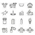 Dairy products - milk, cheese vector icons set. Thin line vector illustration.