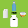 Milk in a bottle, in a can container, in a carton and in a bowl Royalty Free Stock Photo