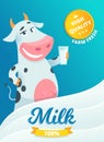 Milk advertizing. Smiling cow standing with glass of fresh farm milk in package healthy vitamin milkshake splash vector