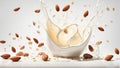 milk, almonds, splash nutrition drink protein vitamins concept natural breakfast alternative