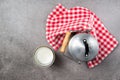 Milk aluminium can and glass of milk on a stone table, top view Royalty Free Stock Photo