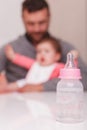 Milk baby bottle staying on the table Royalty Free Stock Photo