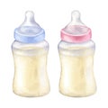 Milk Baby bottle. Vector watercolor illustration of childrens food. Hand drawn clip art on white isolated background Royalty Free Stock Photo