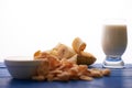 Milk, banana, honey and corn flakes Royalty Free Stock Photo