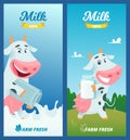 Milk banners. Cartoon funny cow advertising illustration with farm concept vector pictures