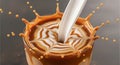 Milk is being poured into a glass of coffee, creating a dynamic splash. The surfac Royalty Free Stock Photo