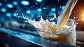Milk being poured into a glass with dramatic splash and motion in a food-processing setting Royalty Free Stock Photo