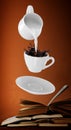 Milk being poured into small cup of coffee. 3d