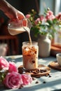 Milk being poured into a tall glass of iced coffee adorned with flowers in sunlight on summer day. Cafe menu concept or drinks Royalty Free Stock Photo