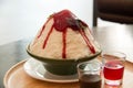 Milk Bingsu shaved ice strawberry syrup topping