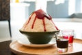 Milk Bingsu shaved ice strawberry syrup topping