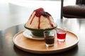 Milk Bingsu shaved ice strawberry syrup topping