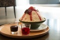 Milk Bingsu shaved ice strawberry syrup topping