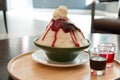 Milk Bingsu shaved ice strawberry syrup topping