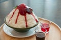 Milk Bingsu shaved ice strawberry syrup topping