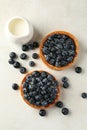 Milk and blueberry pies on gray background