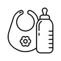 Milk bottle, baby bib with flower. Linear icon of feeder. Black simple illustration of feeding accessory. Contour isolated vector