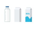 Milk bottle and carton package box vector flat cartoon illustration, dairy products package blank empty template Royalty Free Stock Photo