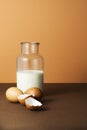Milk in a bottle with eggs shells on brown background Royalty Free Stock Photo