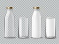 Milk bottle and glass. Empty and full milk realistic bottles glasses dairy beverage product isolated vector mockup Royalty Free Stock Photo