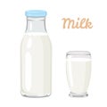 Milk in  bottle and glass set. Dairy product Isolated on white background. Vector illustration Royalty Free Stock Photo