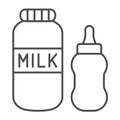 Milk bottle, kitten or puppy feeding, nutrition thin line icon, pets concept, kitty meal vector sign on white background Royalty Free Stock Photo