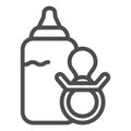 Milk bottle and nipple line icon. Set of baby bottle and babys dummy for feeding outline style pictogram on white Royalty Free Stock Photo