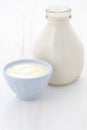 Milk bottle and plain yogurt