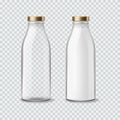 Milk bottle. Realistic empty and full bottles for liquids, closed packaging with golden cap, 3d mockup of glass