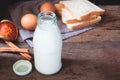 Milk bottle with sliced breads and egg on wooden table, Healthy Royalty Free Stock Photo