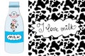 Milk bottle with smile and cute cow, cow skin pattern Royalty Free Stock Photo