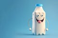 Milk bottle smiles, cartoon on blue background. Conveys emotions of joy. Banner. Copy space. generated AI. Copy space