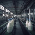 Milk bottles on automatic travel or conveyor belt in pasteurized cow milk factory, AI Generated, Generative AI