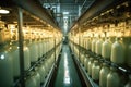 Milk bottles on automatic travel or conveyor belt in pasteurized cow milk factory, AI Generated, Generative AI